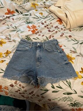 H&M Light Blue High-Waist Frayed Denim Shorts